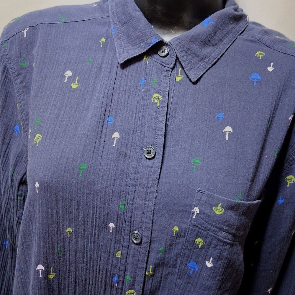 Eddie Bauer Mushroom Print Button Up Shirt Womens L Classic Fit Gauze Navy Blue
